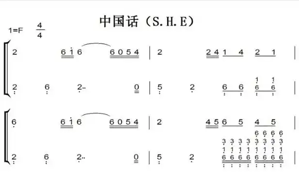 中国话(s.h.e)有试听 原版 简谱 钢琴双手简谱 钢琴谱流行曲