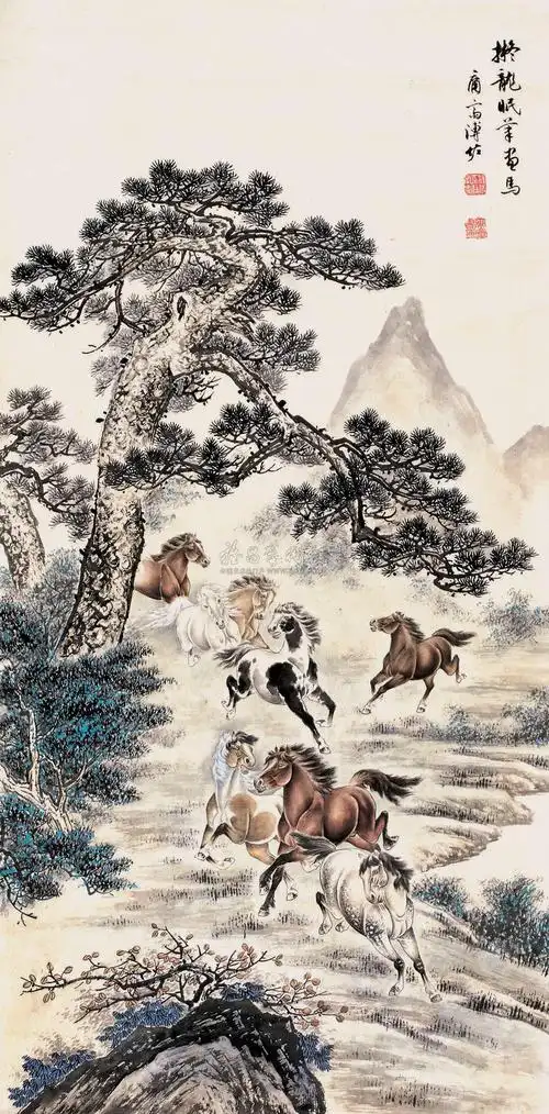 2244 八骏图 立轴 设色纸本