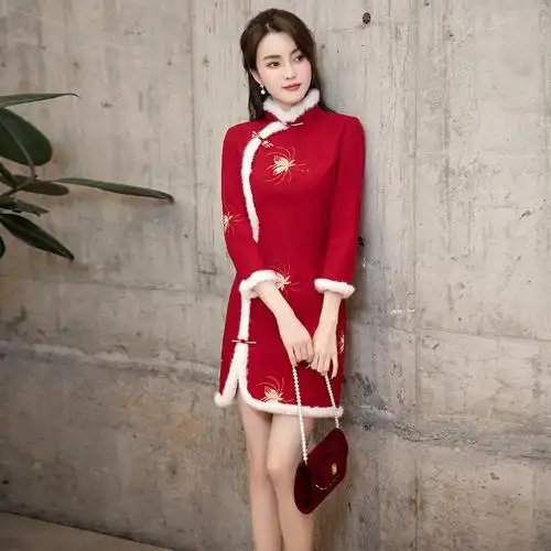 红色旗袍女冬季2021年新款加绒加厚过年小袄拜年服唐装女装中国风