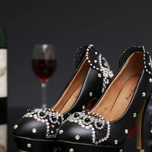 黑色夜店公主女鞋性感防水台高跟鞋手工贴钻舞台演出鞋ktv夜场鞋图片