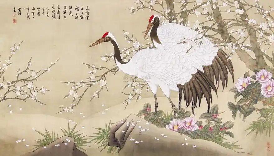 0280双鹤图横幅绢本