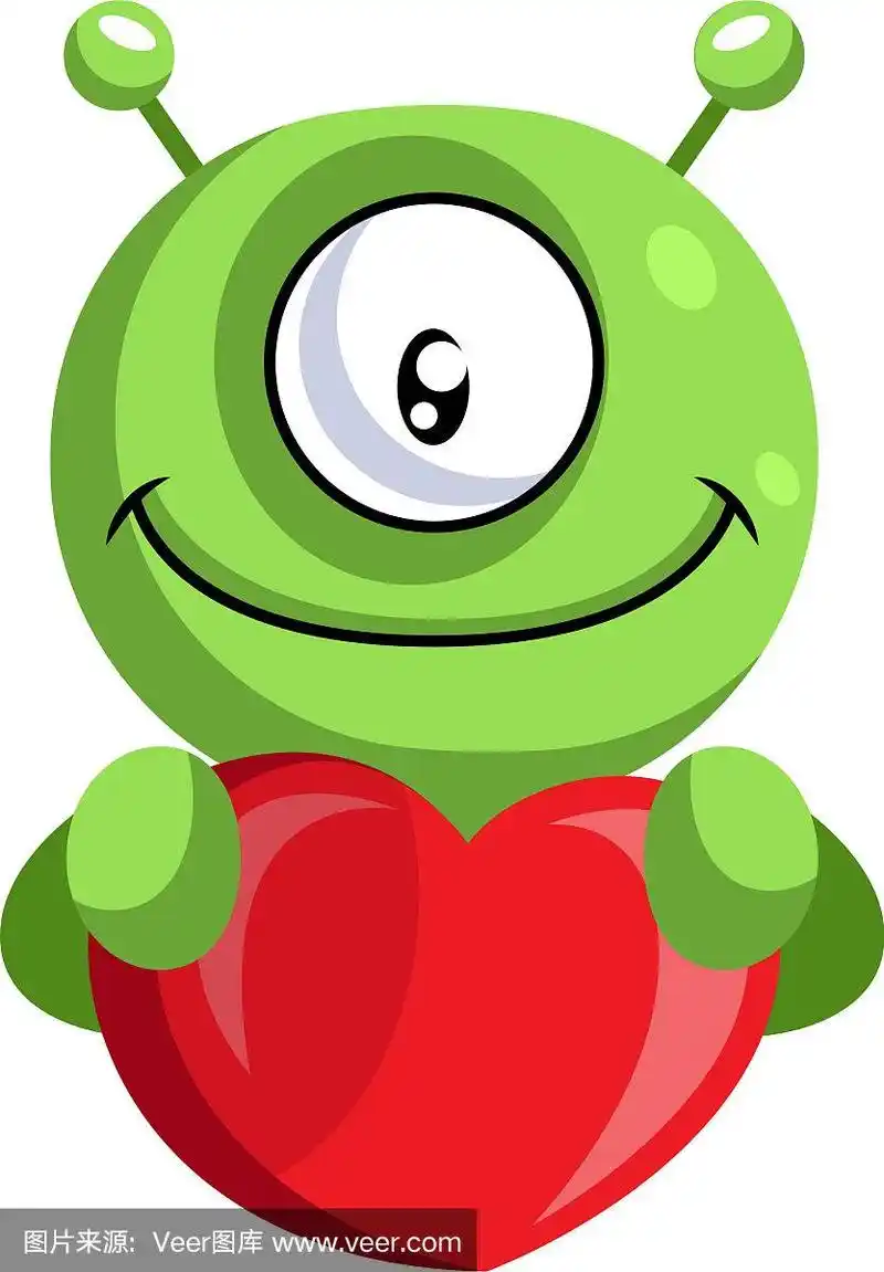 可爱的外星人抱着一颗心在白色的背景上