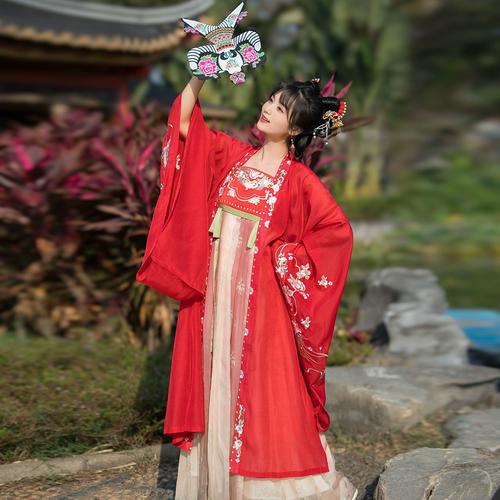 上班穿汉元素古风红色汉服女连衣裙中国风改良唐制齐胸襦裙古装