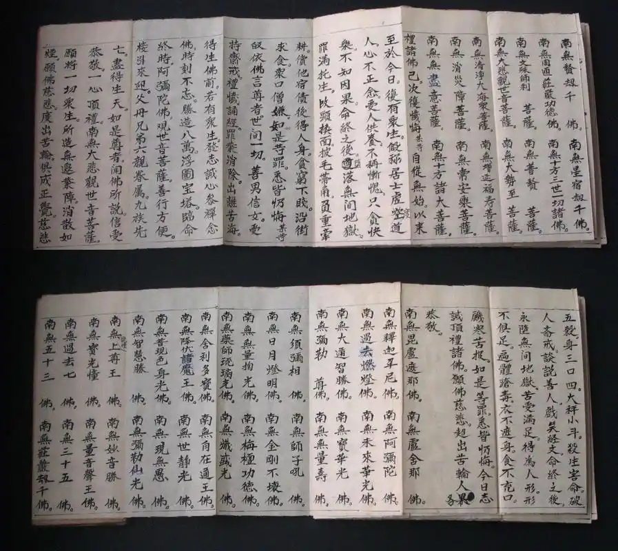 手抄本佛经——南无慈悲法笺经(上中下)三卷——经折装,展开22.2米长