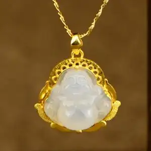 煜利珠宝999足金佛黄金镶缅甸翡翠玉佛吊坠 金镶玉弥勒佛挂件佛公