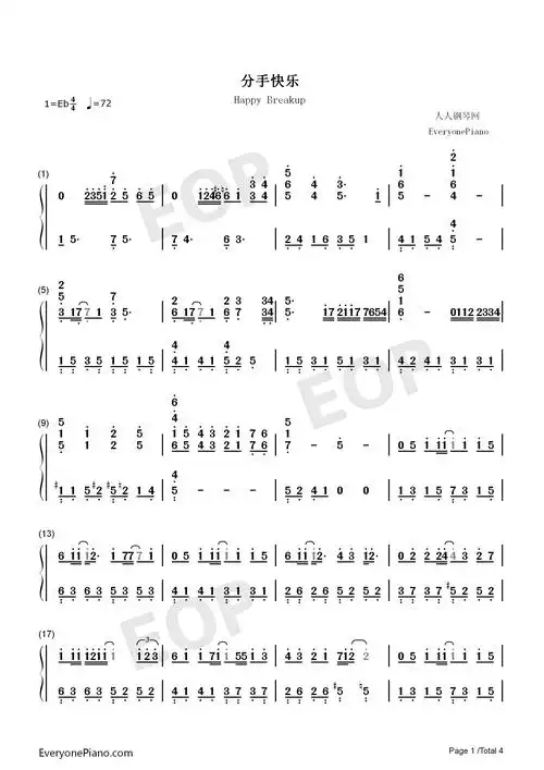 分手快乐-梁静茹双手简谱预览1