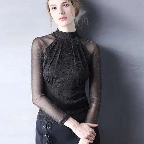 2017秋季新款透明透视蕾丝镂空黑纱打底衫修身网纱上衣长袖t恤女