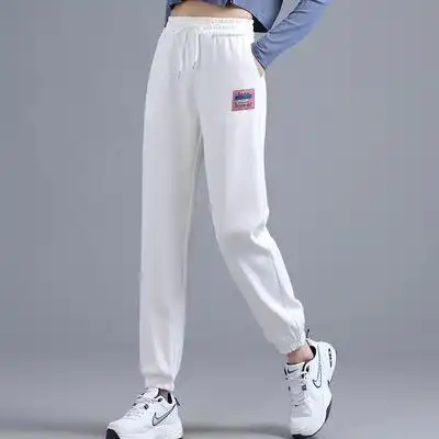 白色运动裤女春秋韩版百搭休闲哈伦裤宽松显瘦系绳松紧腰束脚卫裤