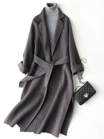 大衣女双面绒尼子长款过膝宽松感2022秋冬新款呢子外套妮子铁灰羊毛