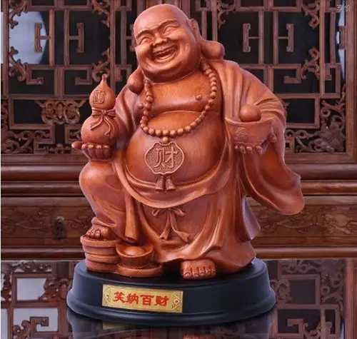 笑纳百财开光招财弥勒佛 仿木雕家居风水摆件 乔迁开业礼品
