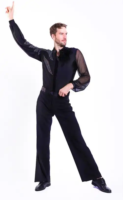 十奕新款拉丁舞服成人春春广场舞蹈服装男步演出服长袖伦巴上衣黑色