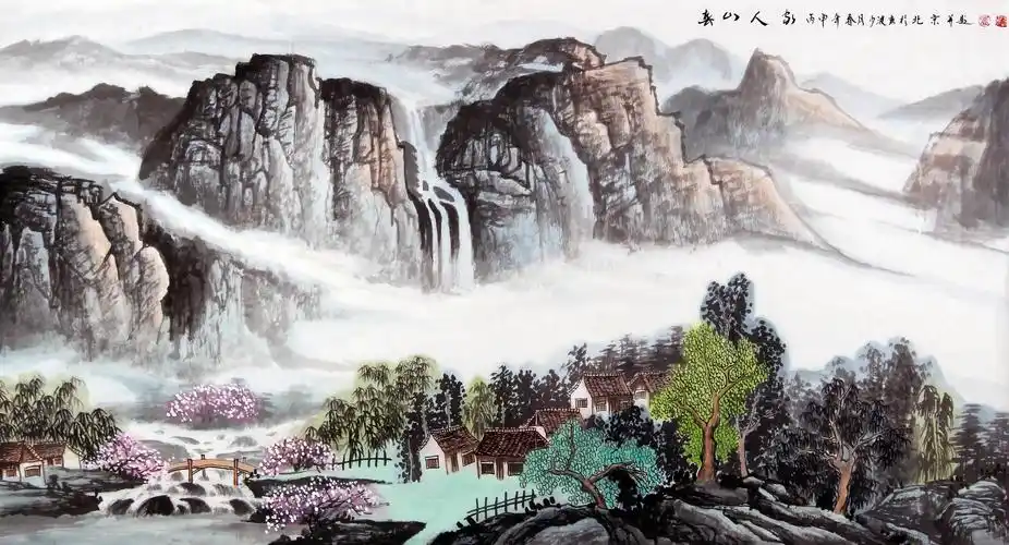 清华美院 巨幅 卢少波 《春山人家》 国家一级美术师