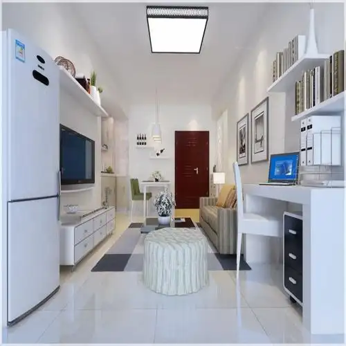 第二组一室一厅卧室装修效果图,客厅和卧室用黑色门槛隔断,地面铺贴