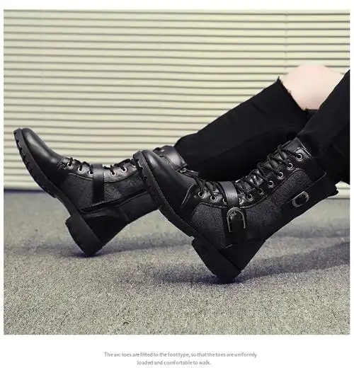 中桶男士中筒靴秋季马丁靴男高帮黑色男靴百搭皮靴工装中靴子潮冬季