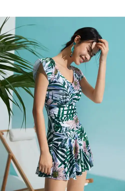 yinerlife音儿游泳衣女仙女范裙式连体泳衣时尚印花聚拢遮肚显瘦泡