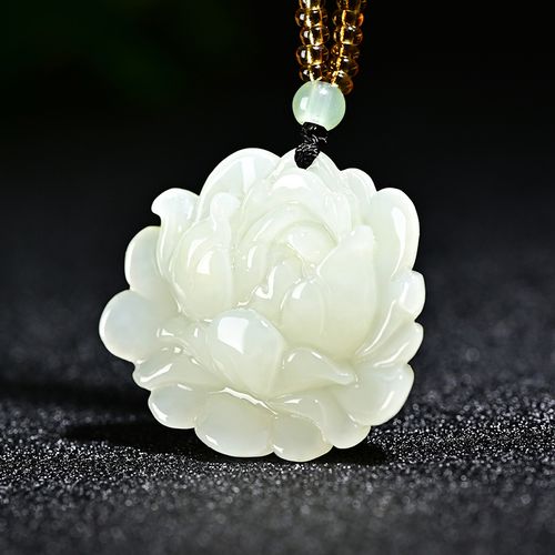 博皓定制和田玉吊坠女款玉佩白玉莲花玉石吊坠牡丹花毛衣链项链真玉