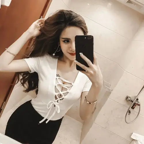 性感夜店女装低胸v领露胸镂空系带紧身短袖上衣女2018夏季新款t恤