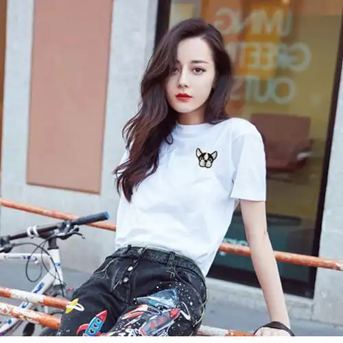 迪丽热巴明星同款ins短袖恤女白色修身小狗t恤