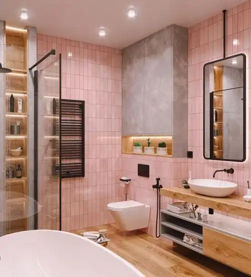 粉色系日式浴室装修|小户型也可以有大浴缸
