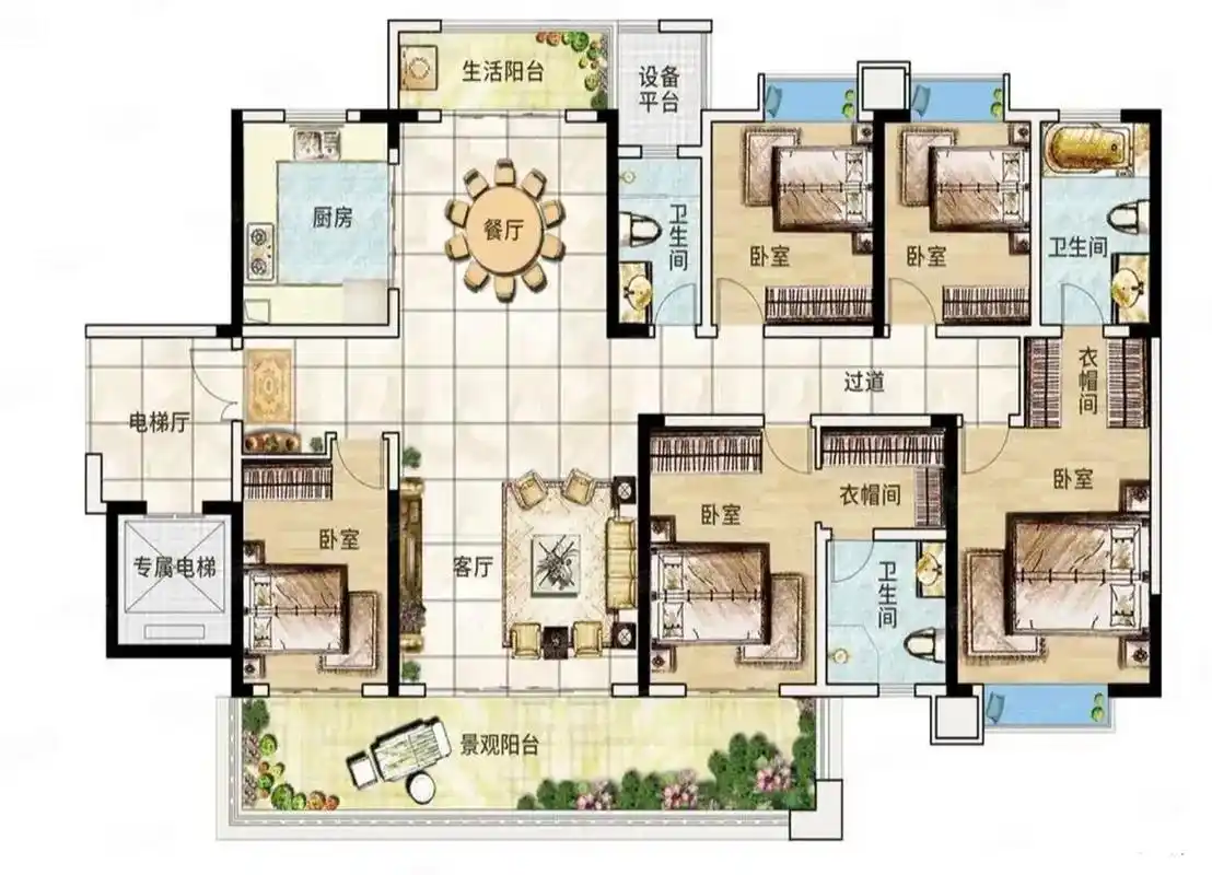 200平方的五室户型,独立电梯厅,南北双阳台,三明卫设计,太棒了