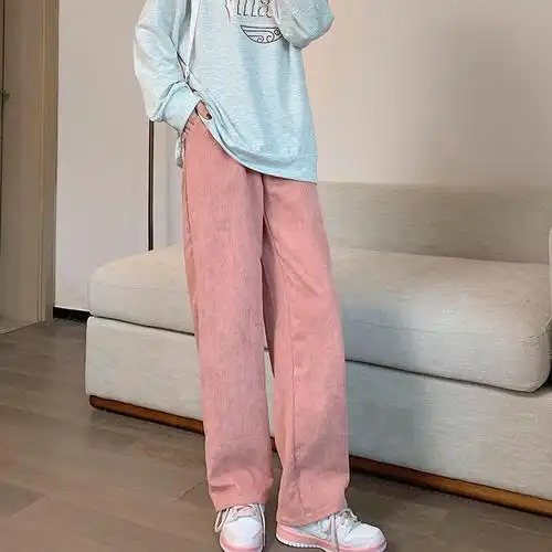 灯芯绒新款粉色裤子女高腰休闲学生百搭显瘦直筒宽松阔腿长裤 - 17网