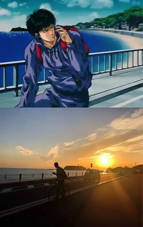 "夕阳西下时,远眺江之岛,没遇到骑车时也能睡着的流川,倒有个跟他一样