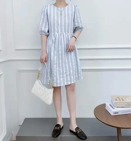 设计感法式新款宫廷风蓝色仙女裙韩版泡泡纱条纹连衣裙2021年夏季