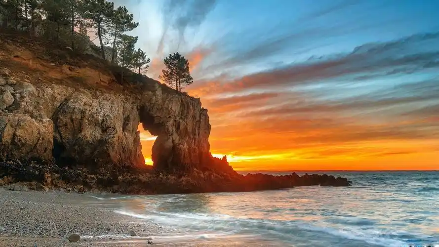 和风景 海洋和海岸 海,海岸,岩石,拱,树,日落 壁纸 下载 1920x1080 全