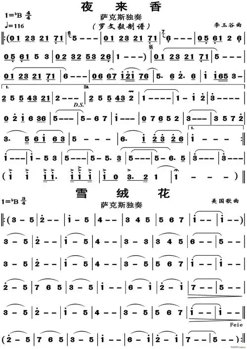 夜来香 雪绒花(萨克斯独奏) 歌谱简谱网
