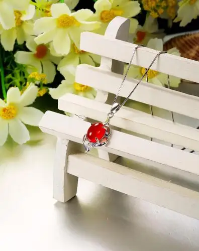 925银红玛瑙项链吊坠花柔