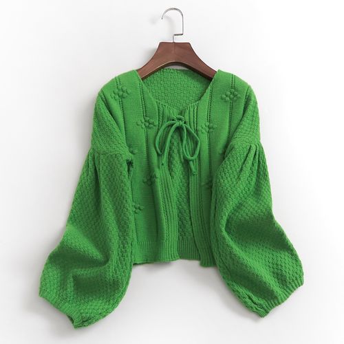 h734纯色立体钩花蝴蝶结系带圆领短款外套开衫春季新款长袖女毛衣