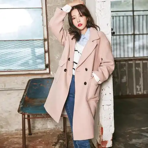 韩都衣舍2019冬装新款韩版女装双排扣西毛呢外套女mr7378汩
