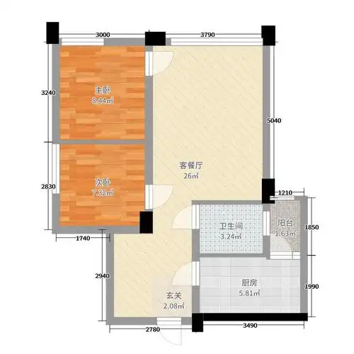慧生时代广场2室2厅1卫1厨66.00㎡户型图