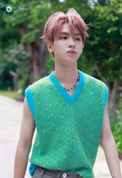 黄明昊绿色毛衣马甲造型