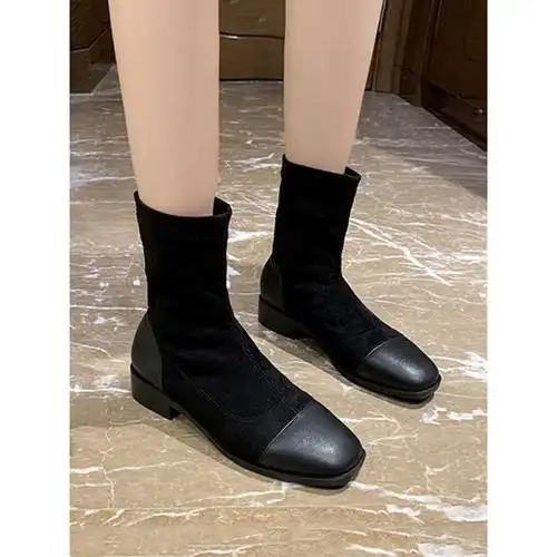 枫述蝶欣微短靴女鞋2021年秋冬季新款弹力靴平底马丁靴短筒袜靴子百搭