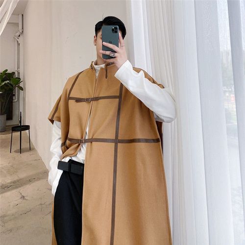 秋季条纹风衣男个性皮扣腰带开衫褂子中长款披风轻奢潮流穿搭帅