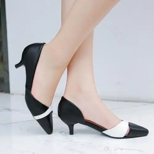 单鞋女2017春秋新款侧空低跟中跟浅口细跟3cm拼色高跟鞋工作皮鞋