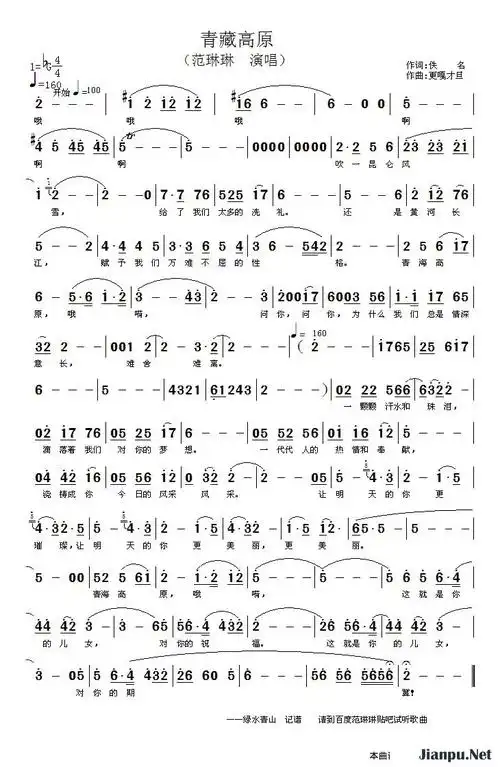 歌曲青藏高原的简谱歌谱下载