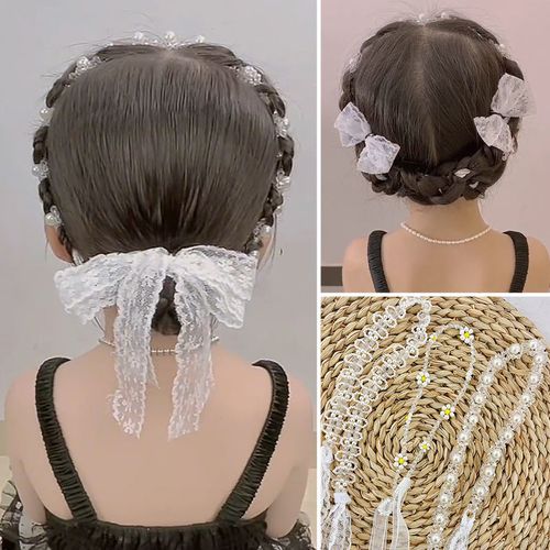 儿童甜美可爱小公主盘发串珠米珠编发带女童水晶珍珠蕾丝发带发饰