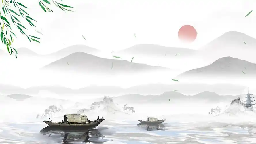 清新淡雅中国风水墨小船山峦背景视频ae模板中国山水水墨背景