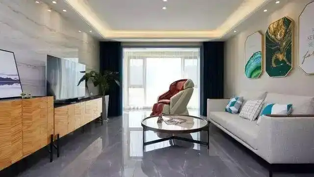 现代简约大三房米色微晶石电视墙搭配灰色地砖有质感上档次