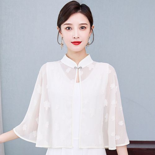 美充充    斗篷披肩外套女夏季配连衣夏季雪纺披肩斗篷 白色(8508长款