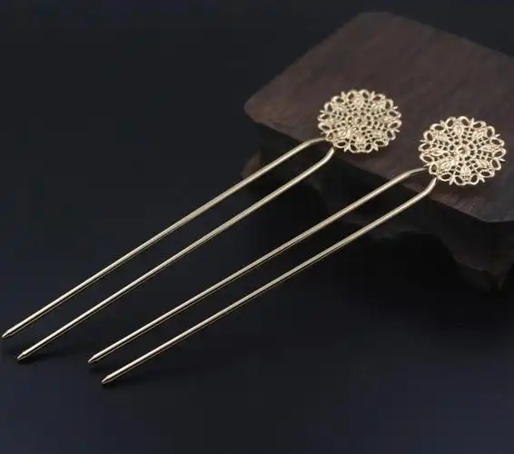 古风饰品配件 纯铜保色金圆形花片双直发簪发钗 头饰材料