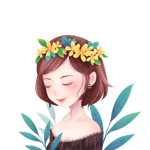 短发花环女孩卡通手绘元素