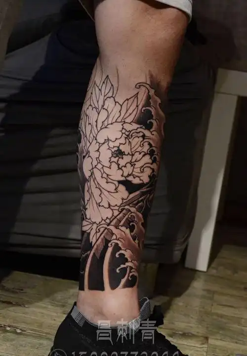 唐狮子牡丹包小腿纹身图片成品脚部腿部传统动物原创静物植物国画纹身