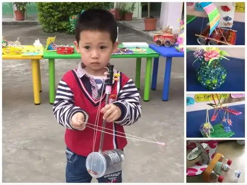 ";有玻璃球做的"闪光花瓶";有用废旧纸盒制作的"小飞机";有利用易拉罐