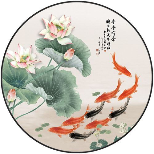 九鱼圆形挂画过道荷花中式新中式墙画招财风水现代装饰画