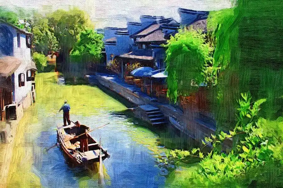 烟雨水乡水彩画南浔