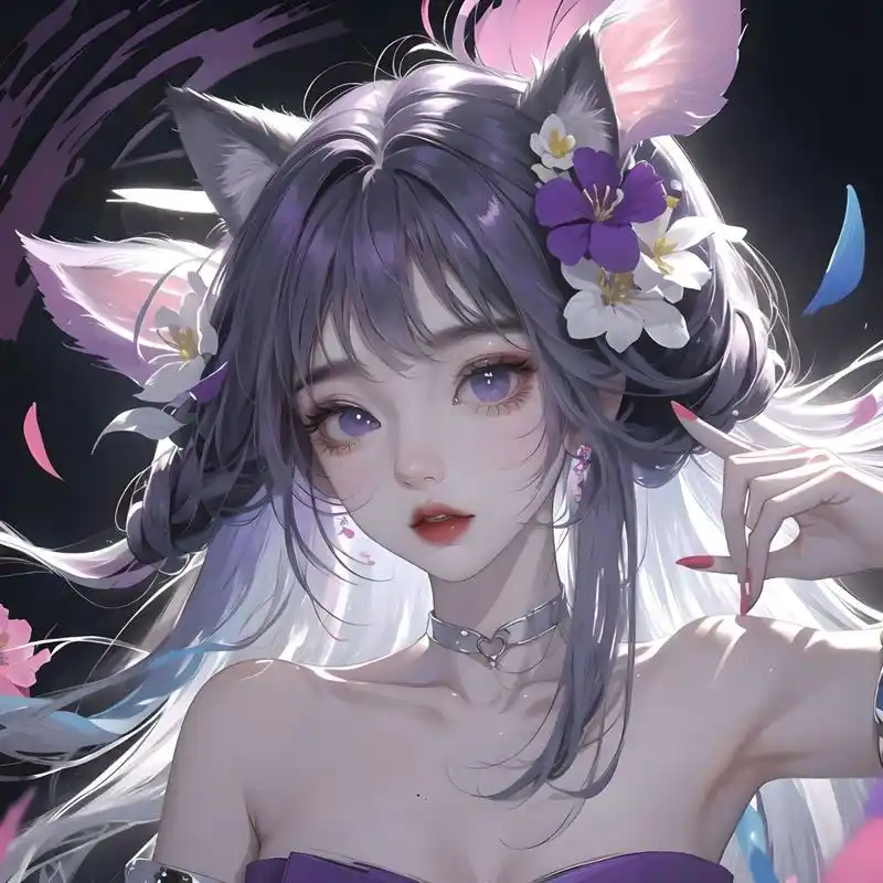 ai绘画练习//紫发猫耳头像的魅力 关键词:颜色飞溅,丙烯颜料,色彩爆炸