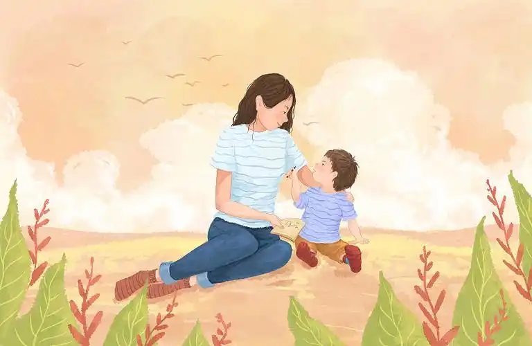 月亮上的母女背影温馨母亲节插画紫色2